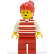 hor024 Horizontal Lines Red - White Arms - Red Legs, Red Ponytail Hair 